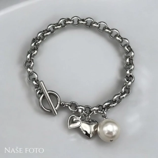 Náramek z chirurgické oceli s perlou Swarovski - bílá perleť