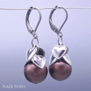 Náušnice Swarovski perle 12mm se srdíčky - Brown