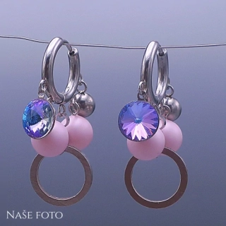 Náušnice z chirurgické oceli se Swarovski krystaly a perličkami – růžové